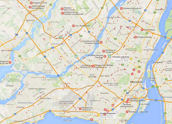 Carte des plombiers à Montréal